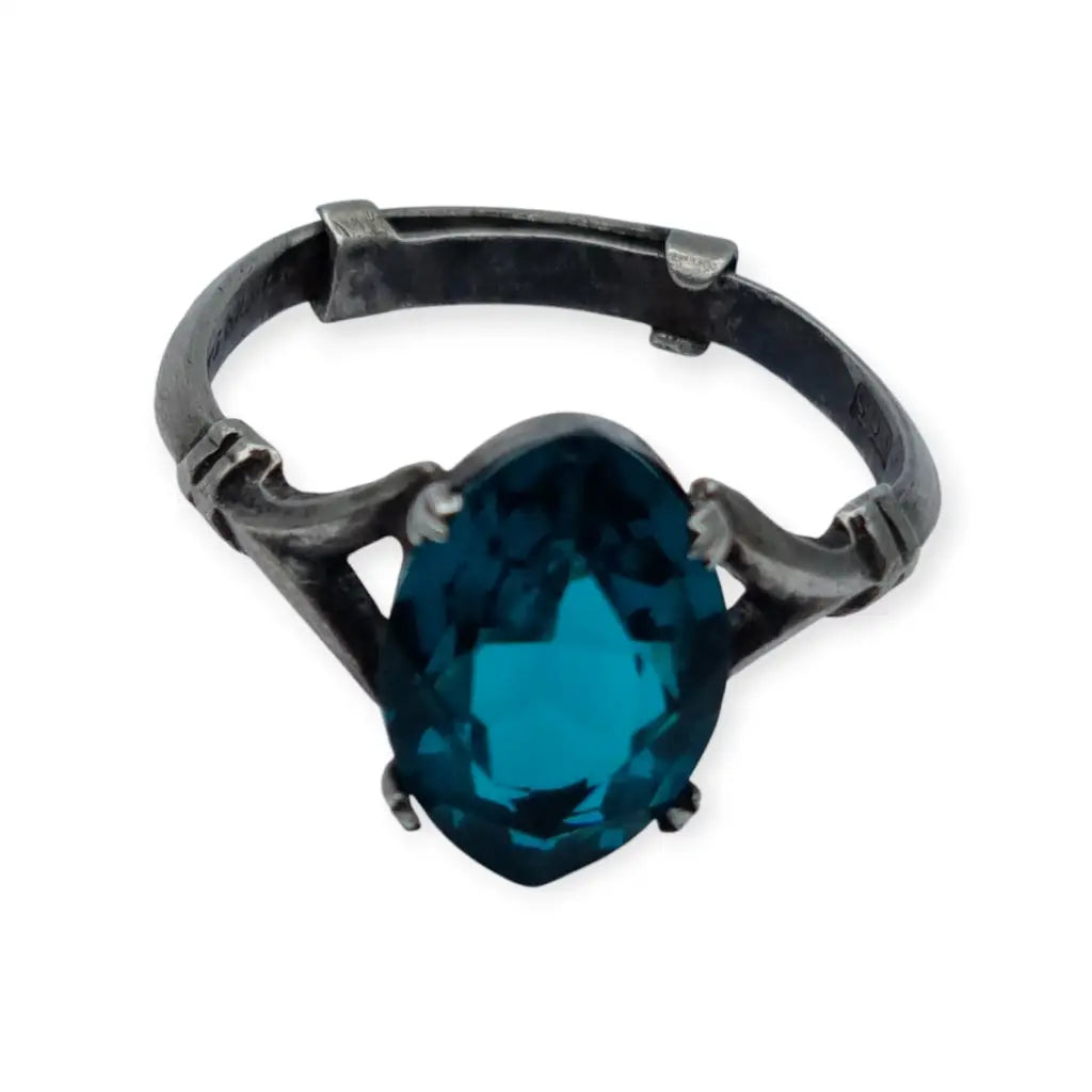 Anillo Art Déco de plata esterlina con piedra azul talla ovalada para mujer