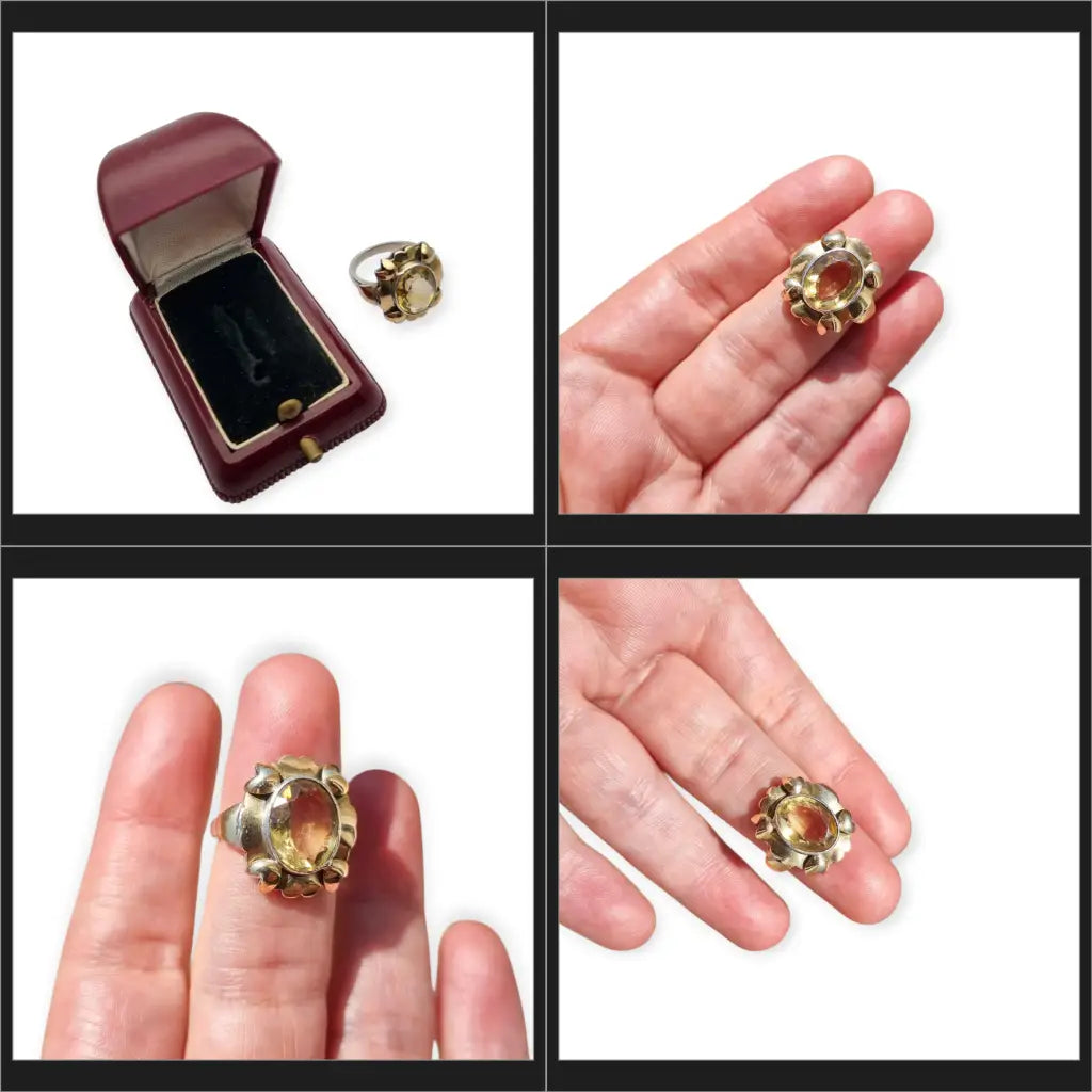 Anillo Art Déco en plata y oro con gema de efecto citrino circa 1940 escuela