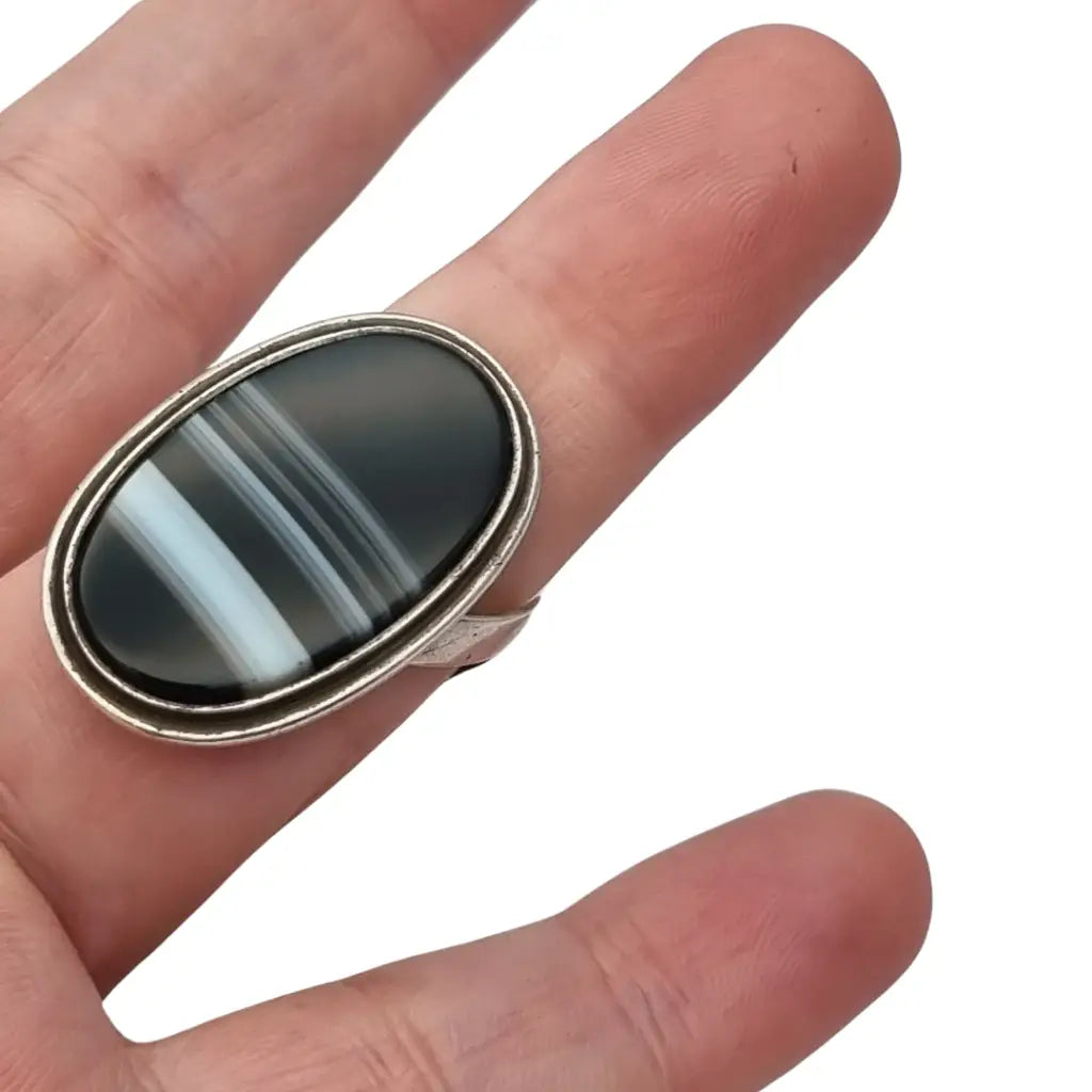Anillo Boho vintage de plata con ágata negra ovalada bandas joyería