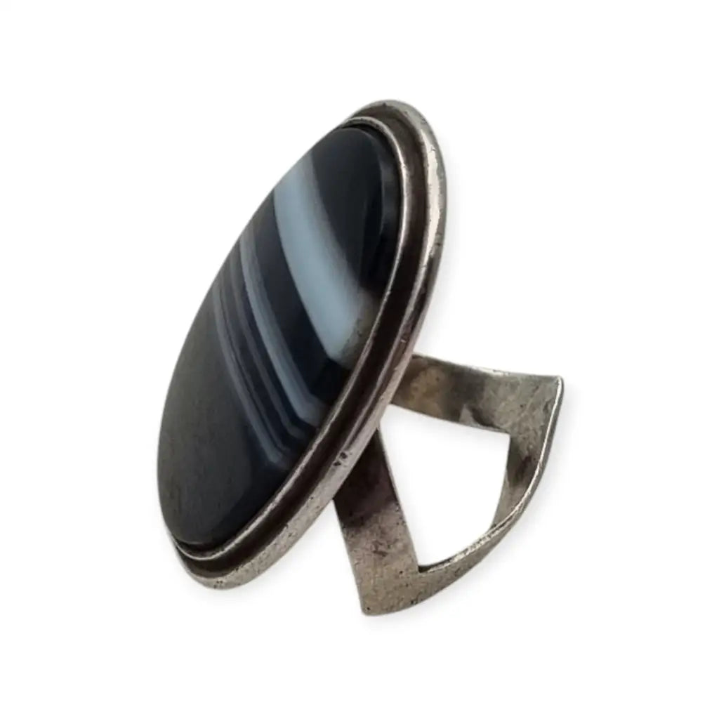 Anillo Boho vintage de plata con ágata negra ovalada bandas joyería