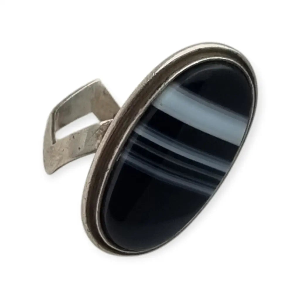 Anillo Boho vintage de plata con ágata negra ovalada bandas joyería