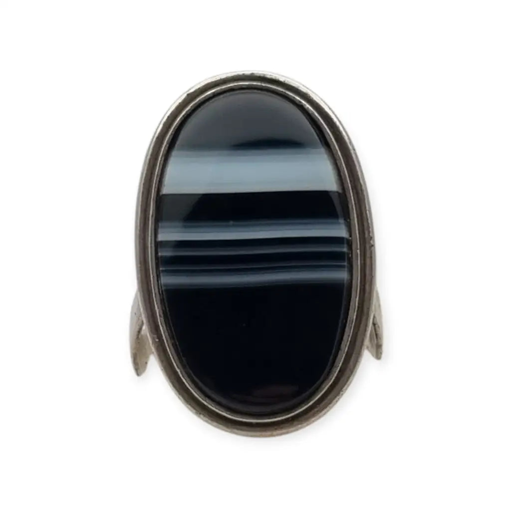 Anillo Boho vintage de plata con ágata negra ovalada bandas joyería
