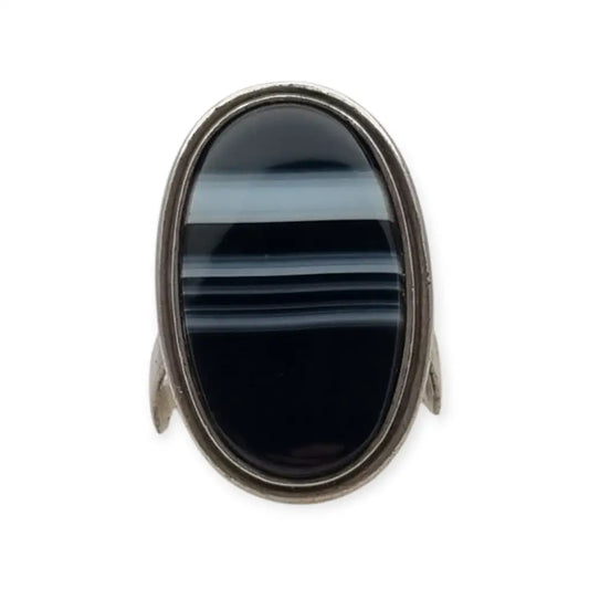 Anillo Boho vintage de plata con ágata negra ovalada bandas joyería