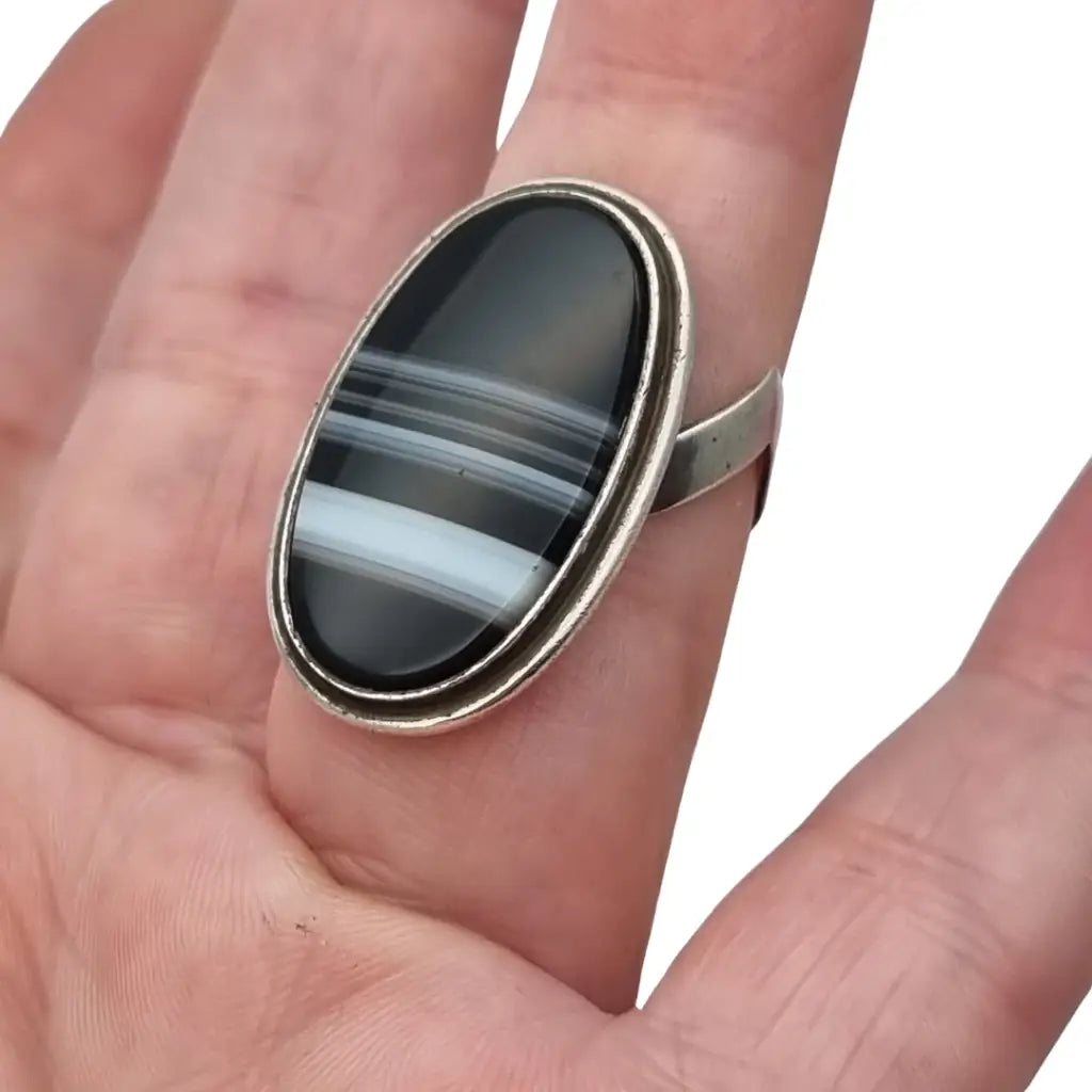 Anillo Boho vintage de plata con ágata negra ovalada bandas joyería