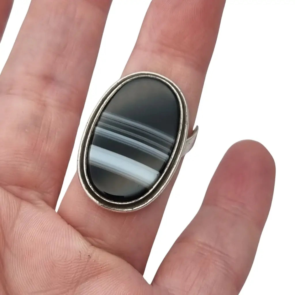 Anillo Boho vintage de plata con ágata negra ovalada bandas joyería