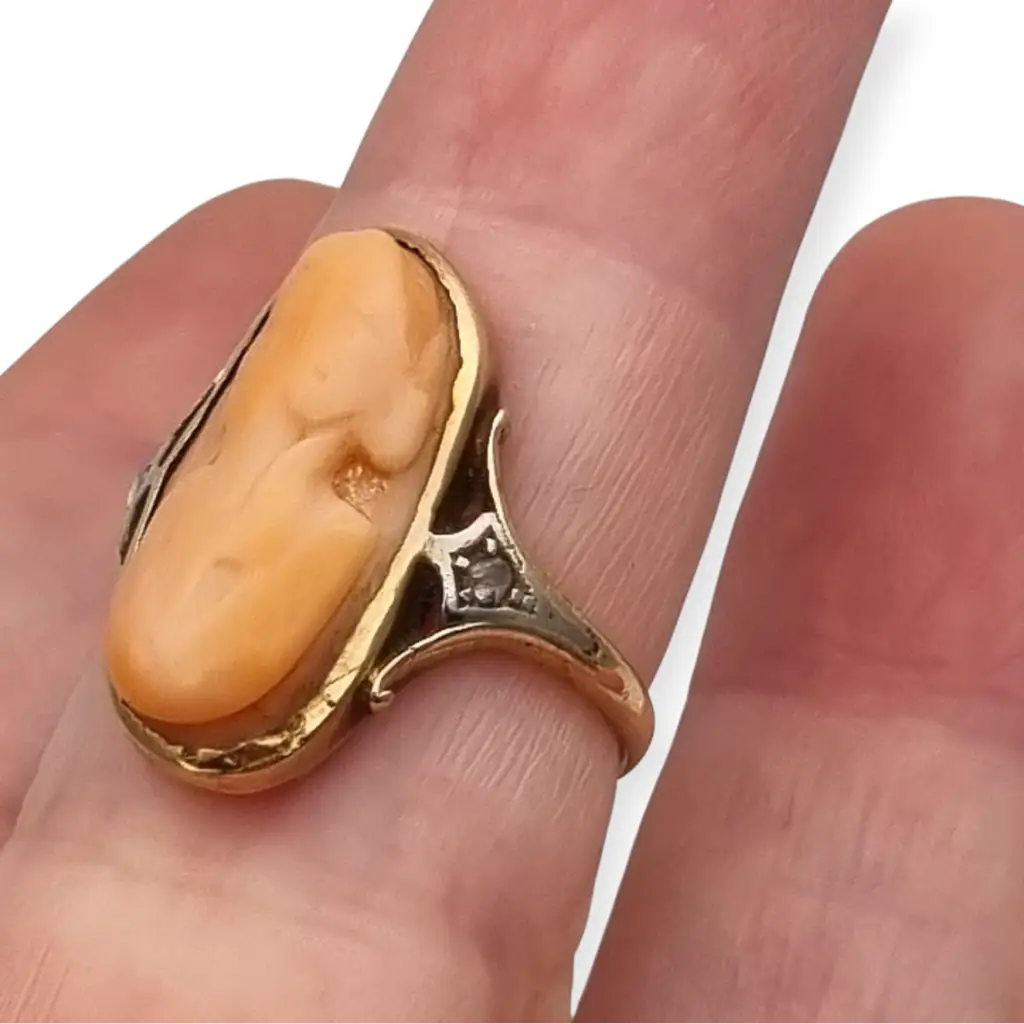 Anillo camafeo de diamantes coral en oro 14k con caja para mujer joyería