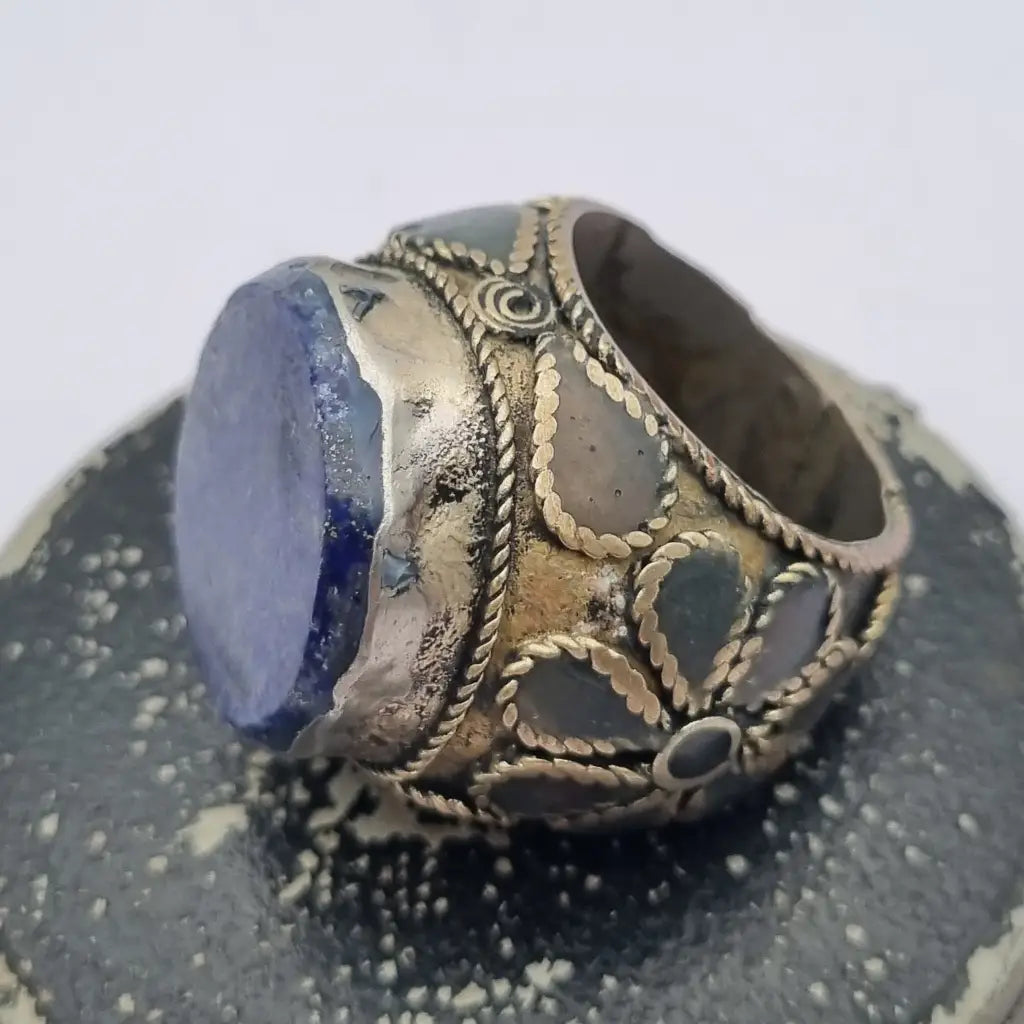 Anillo étnico de piedra azul tamaño grande joyería boho vintage años 70 80