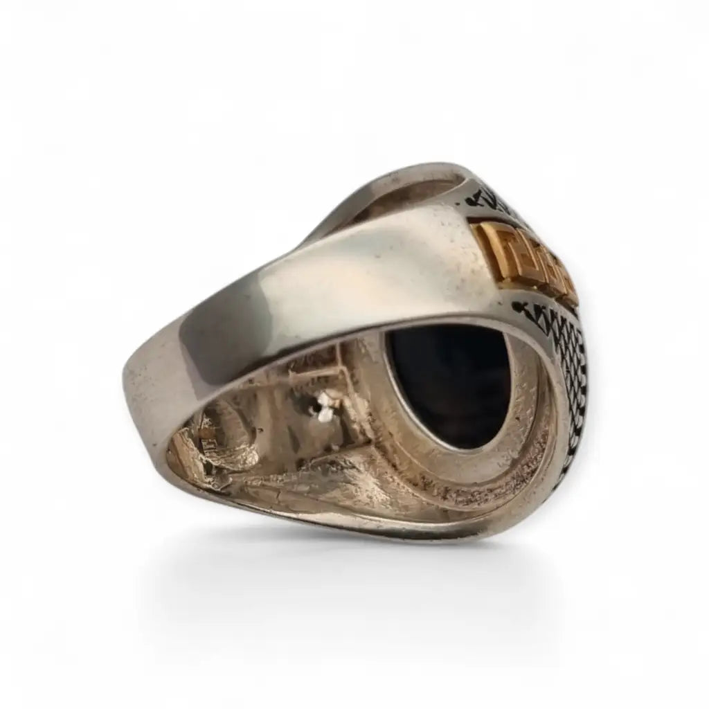 Anillo de hombre vintage en plata 925 con ónix negro cabujón y detalles greca