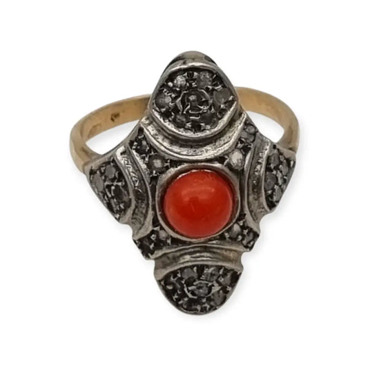 Anillo lanzadera de coral rojo y diamantes en oro 9k plata joyería art deco