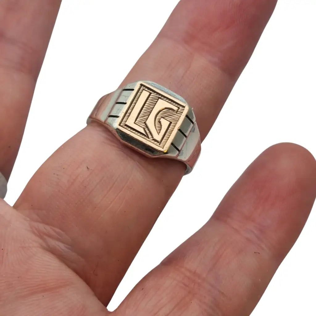 Anillo sello Art Decó en metal mixto con monograma LG grabado – diseño