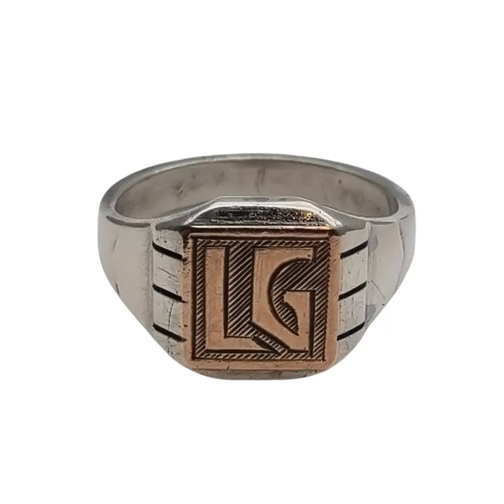 Anillo sello Art Decó en metal mixto con monograma LG grabado – diseño