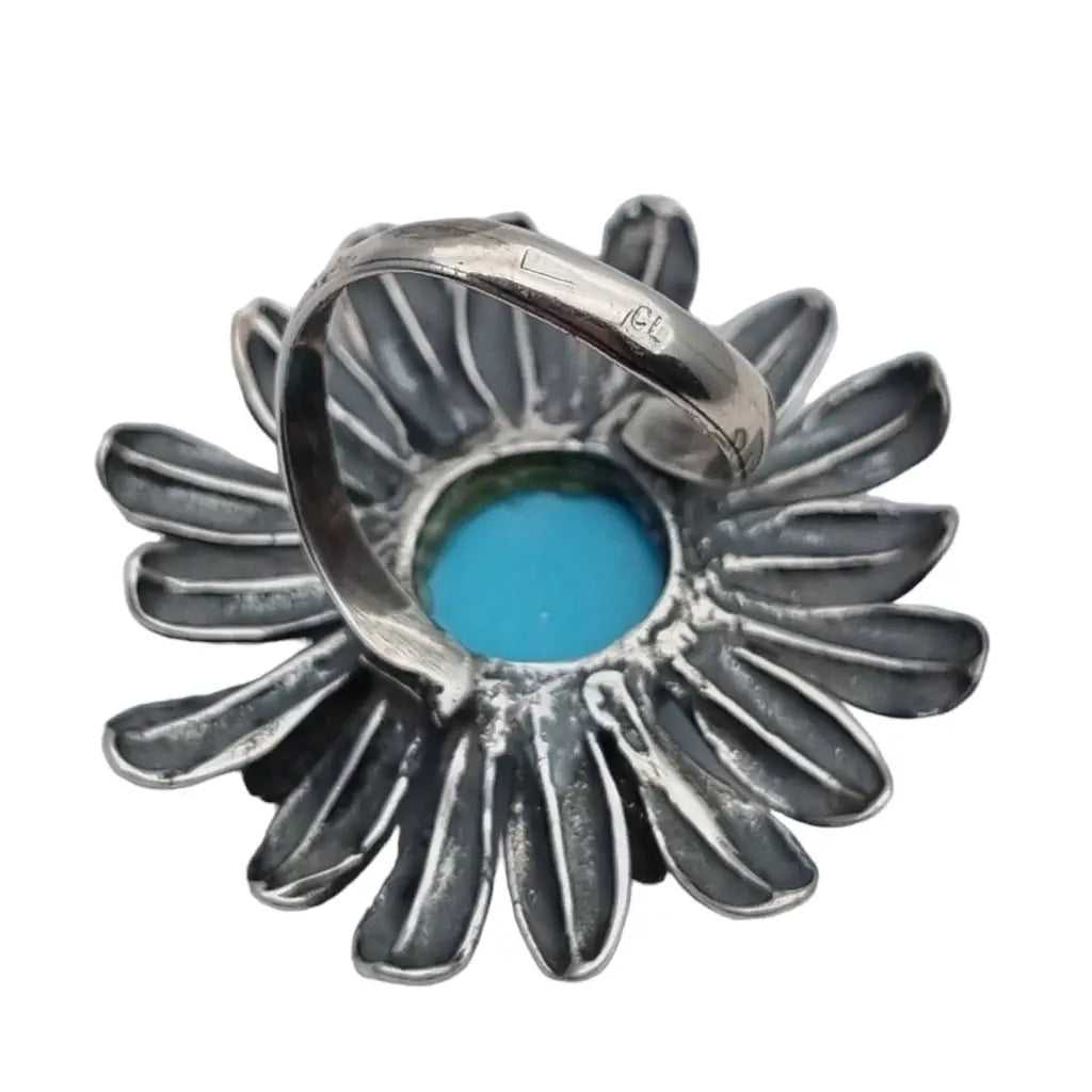 Anillos mujer flor grande piedra azul anillo plata de ley vintage.