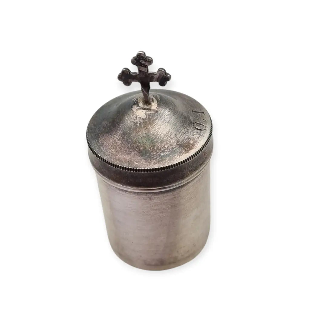 Antigua crismera litúrgica francesa de plata alta calidad (FFD) con cruz