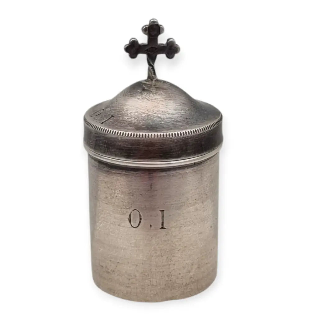Antigua crismera litúrgica francesa de plata alta calidad (FFD) con cruz