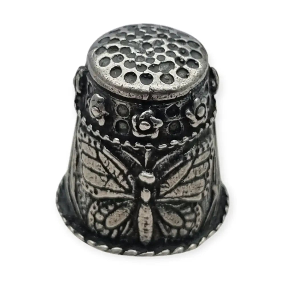Antiguo Dedal de Plata con Mariposa y Flores Siemens Coleccionismo.