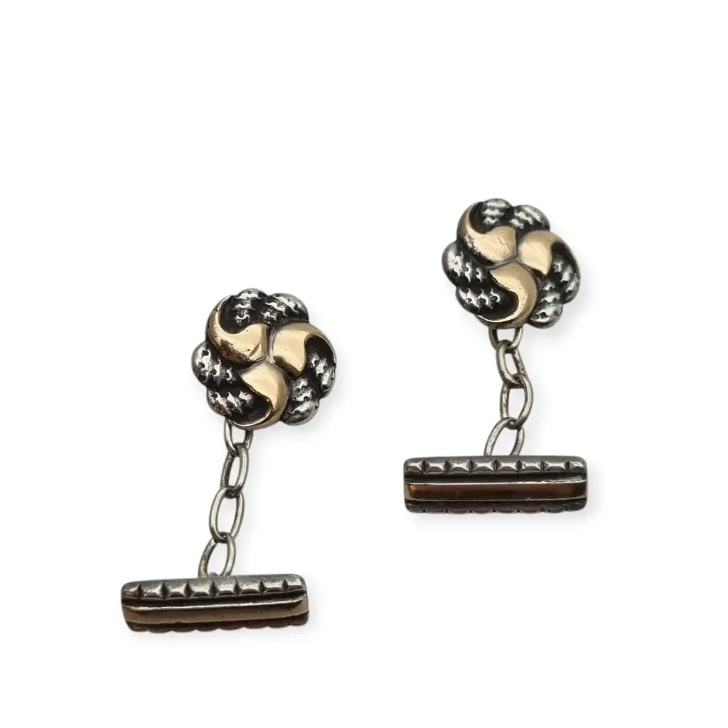 Antiguos Gemelos Art Deco de Plata y vistas doradas con Diseño Trenzado años