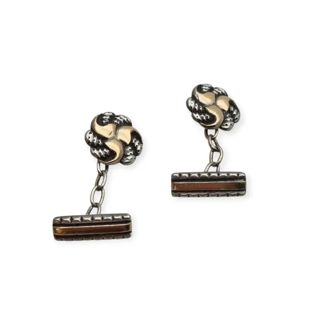 Antiguos Gemelos Art Deco de Plata y vistas doradas con Diseño Trenzado años