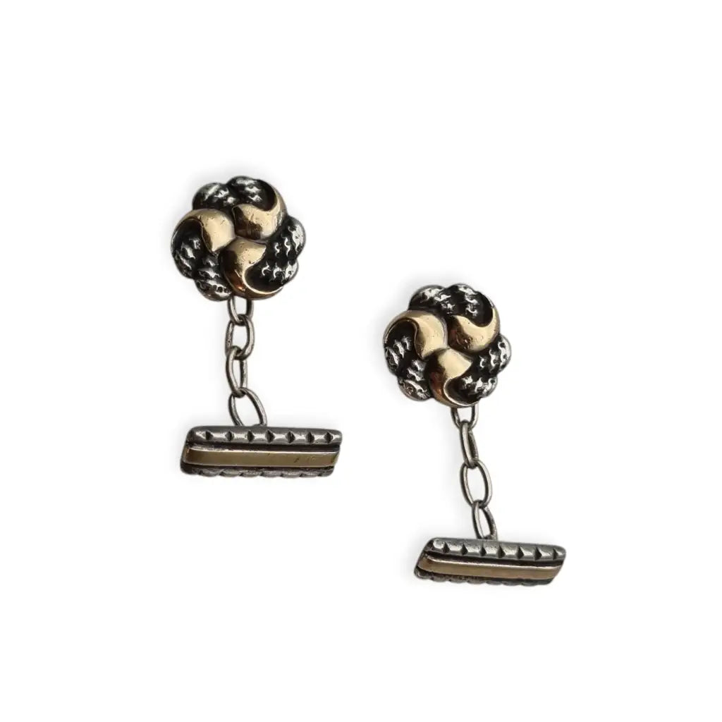 Antiguos Gemelos Art Deco de Plata y vistas doradas con Diseño Trenzado años