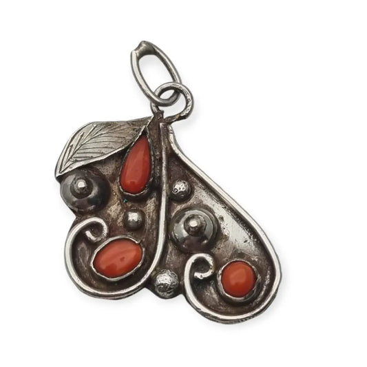 Colgante Vintage de Pera Plata y Coral Estilo Navajo Boho Artesanal Regalos.