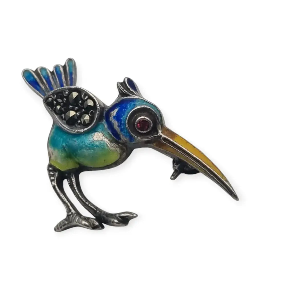 Broche Art deco de pájaro exótico plata 935 esmaltado circa 1930.