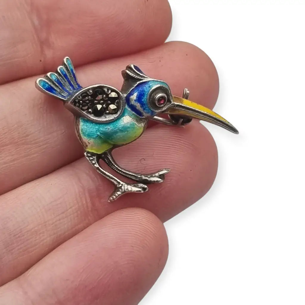 Broche Art deco de pájaro exótico plata 935 esmaltado circa 1930.
