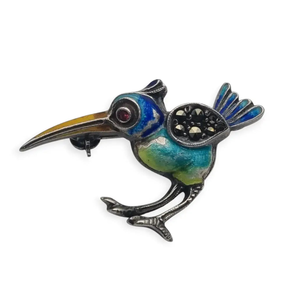 Broche Art deco de pájaro exótico plata 935 esmaltado circa 1930.
