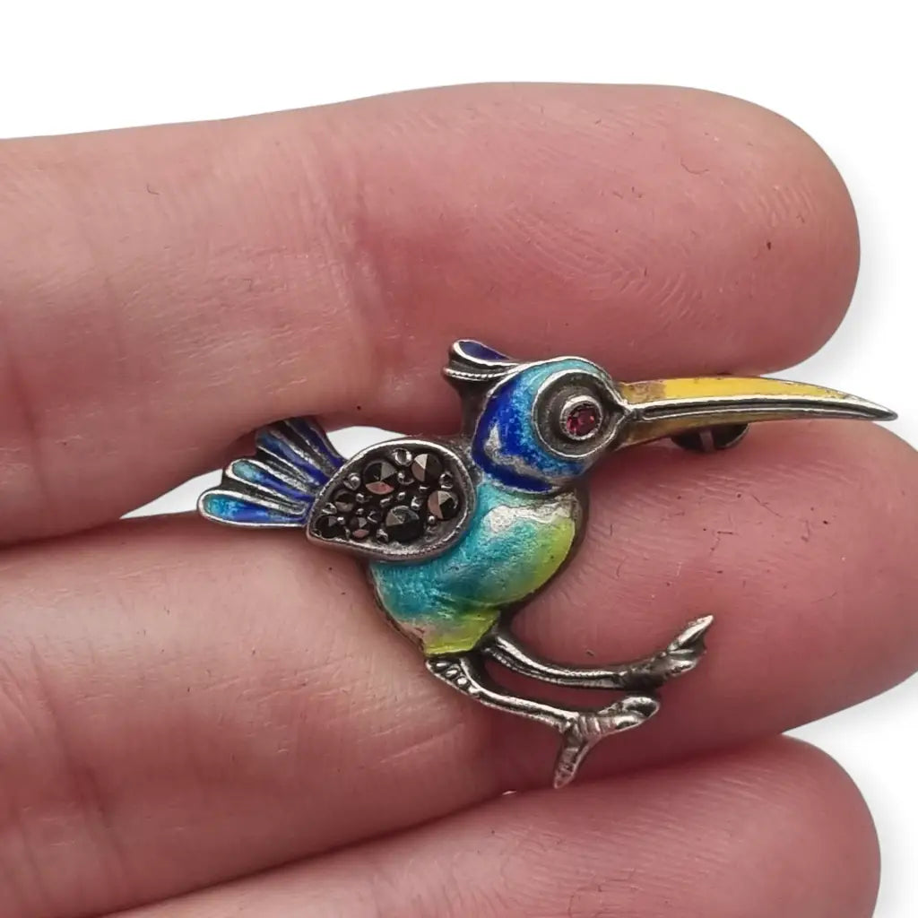 Broche Art deco de pájaro exótico plata 935 esmaltado circa 1930.