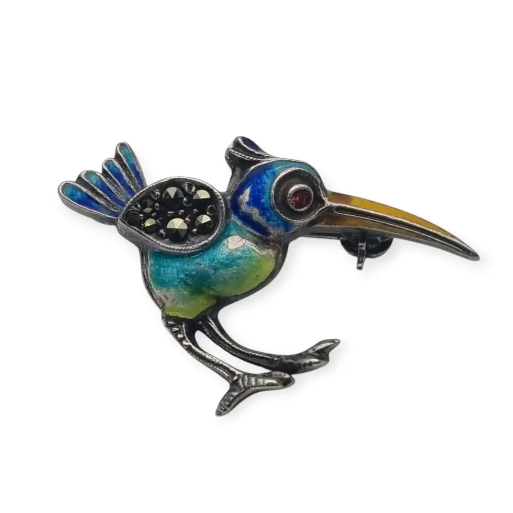 Broche Art deco de pájaro exótico plata 935 esmaltado circa 1930.
