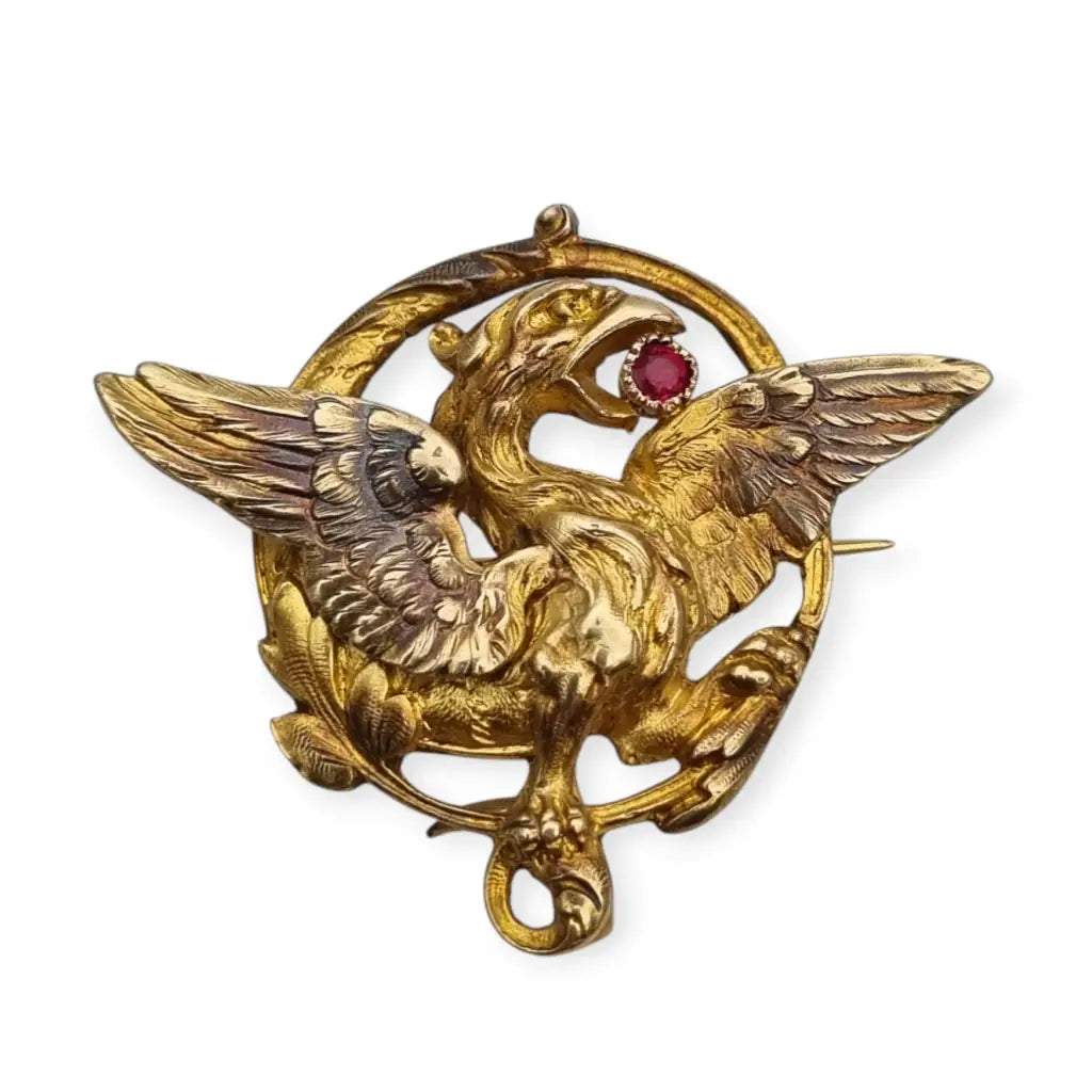 Broche Art Nouveau de grifo mitológico o dragón ORIA Oro relleno y rubí