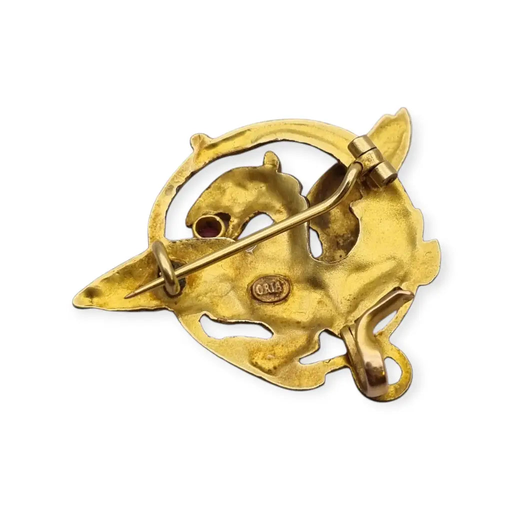 Broche Art Nouveau de grifo mitológico o dragón ORIA Oro relleno y rubí