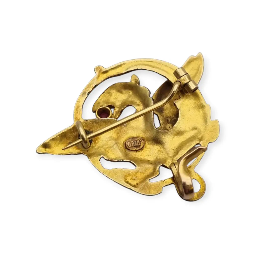 Broche Art Nouveau de grifo mitológico o dragón ORIA Oro relleno y rubí
