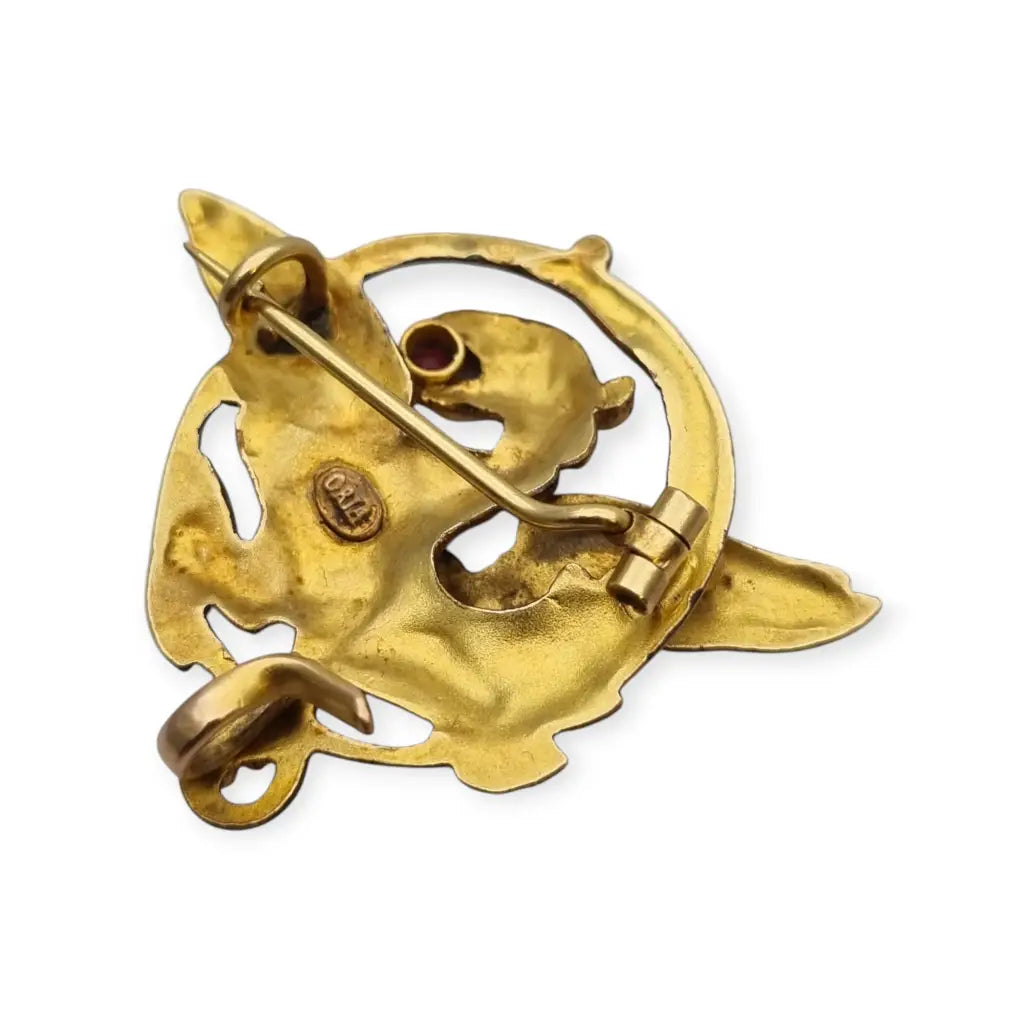 Broche Art Nouveau de grifo mitológico o dragón ORIA Oro relleno y rubí