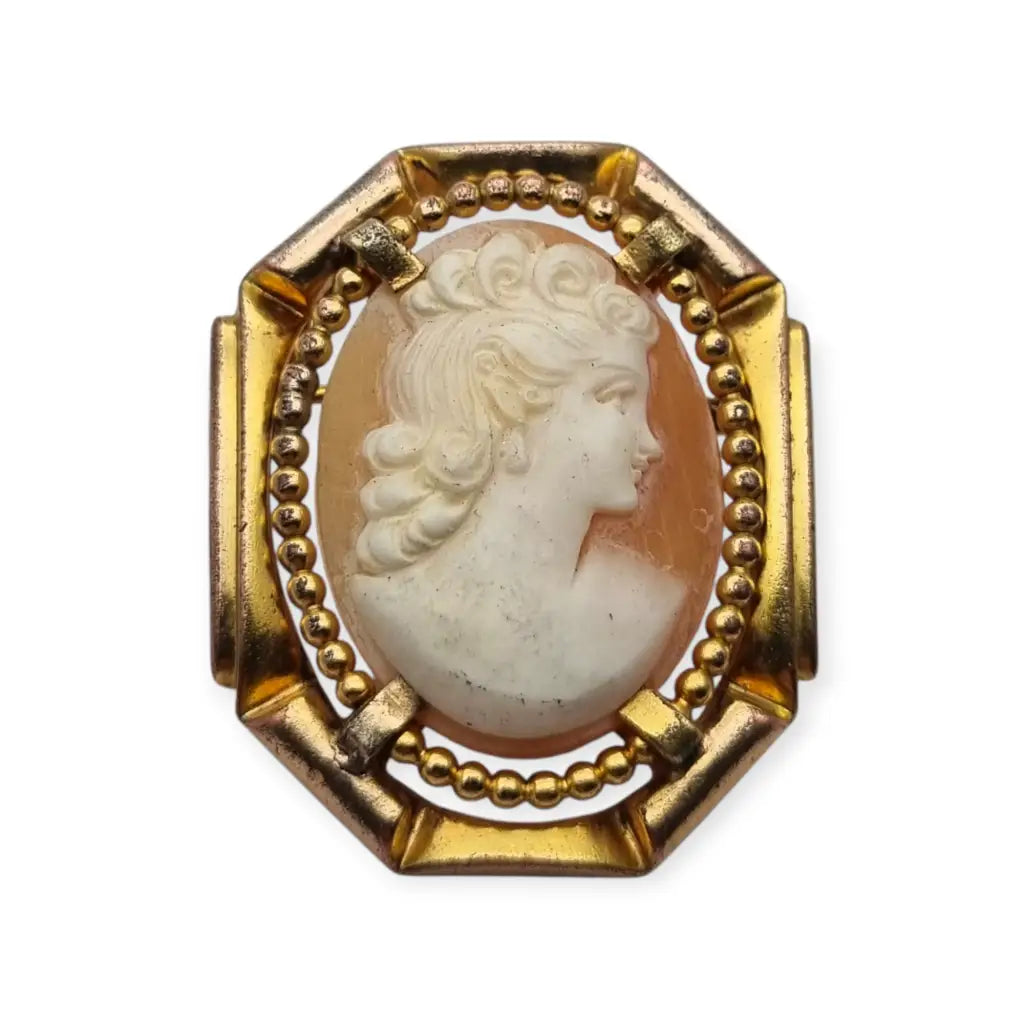 Broche camafeo vintage con perfil femenino en relieve marco geométrico Art Déco