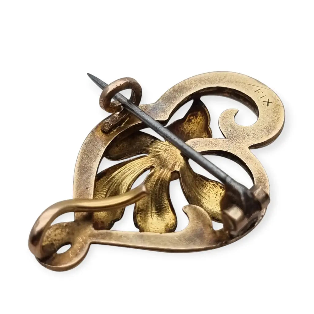 Broche FIX Art Nouveau con Flor en Forma de Corazón y Rubí Simulado Francia
