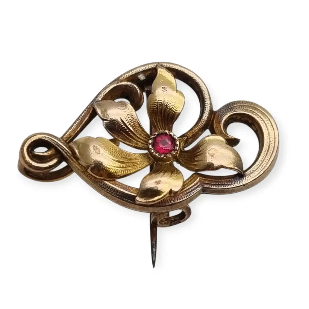 Broche FIX Art Nouveau con Flor en Forma de Corazón y Rubí Simulado Francia