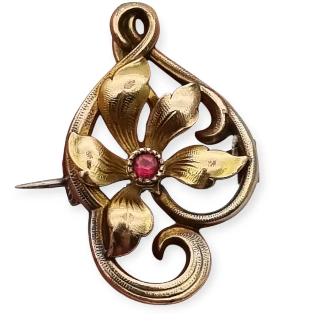 Broche FIX Art Nouveau con Flor en Forma de Corazón y Rubí Simulado Francia