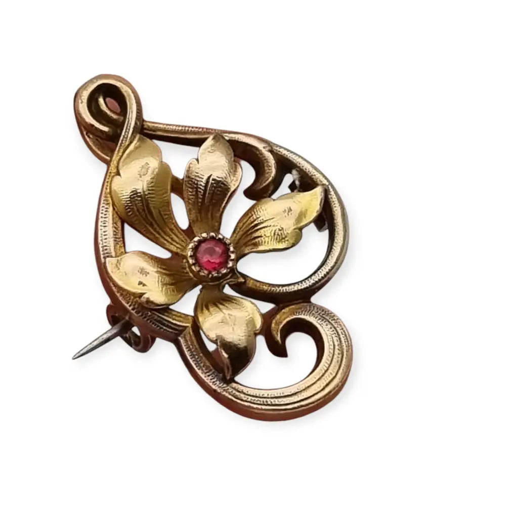 Broche FIX Art Nouveau con Flor en Forma de Corazón y Rubí Simulado Francia