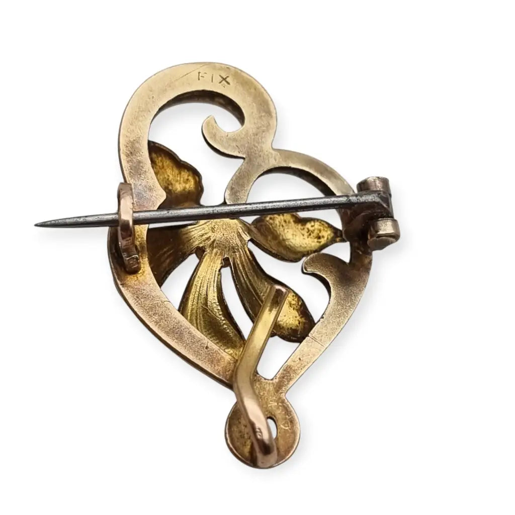 Broche FIX Art Nouveau con Flor en Forma de Corazón y Rubí Simulado Francia