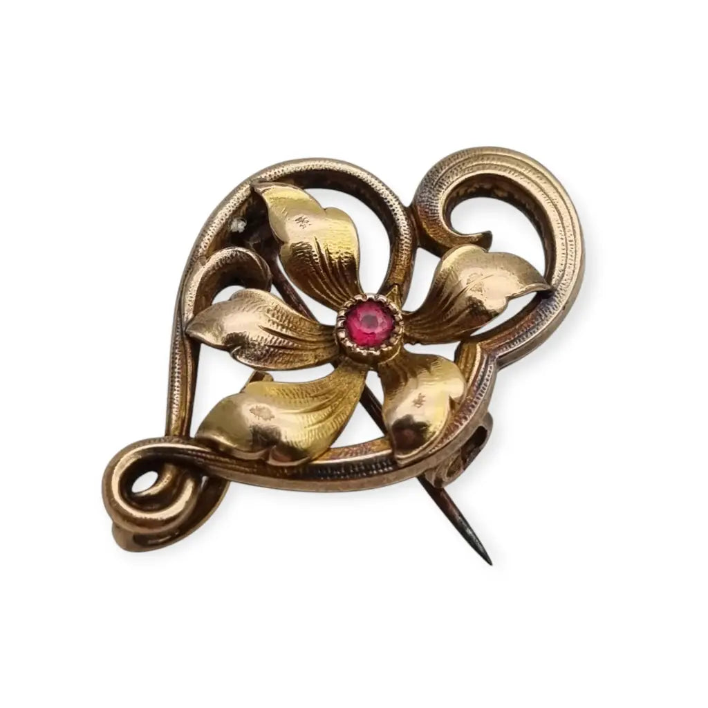 Broche FIX Art Nouveau con Flor en Forma de Corazón y Rubí Simulado Francia