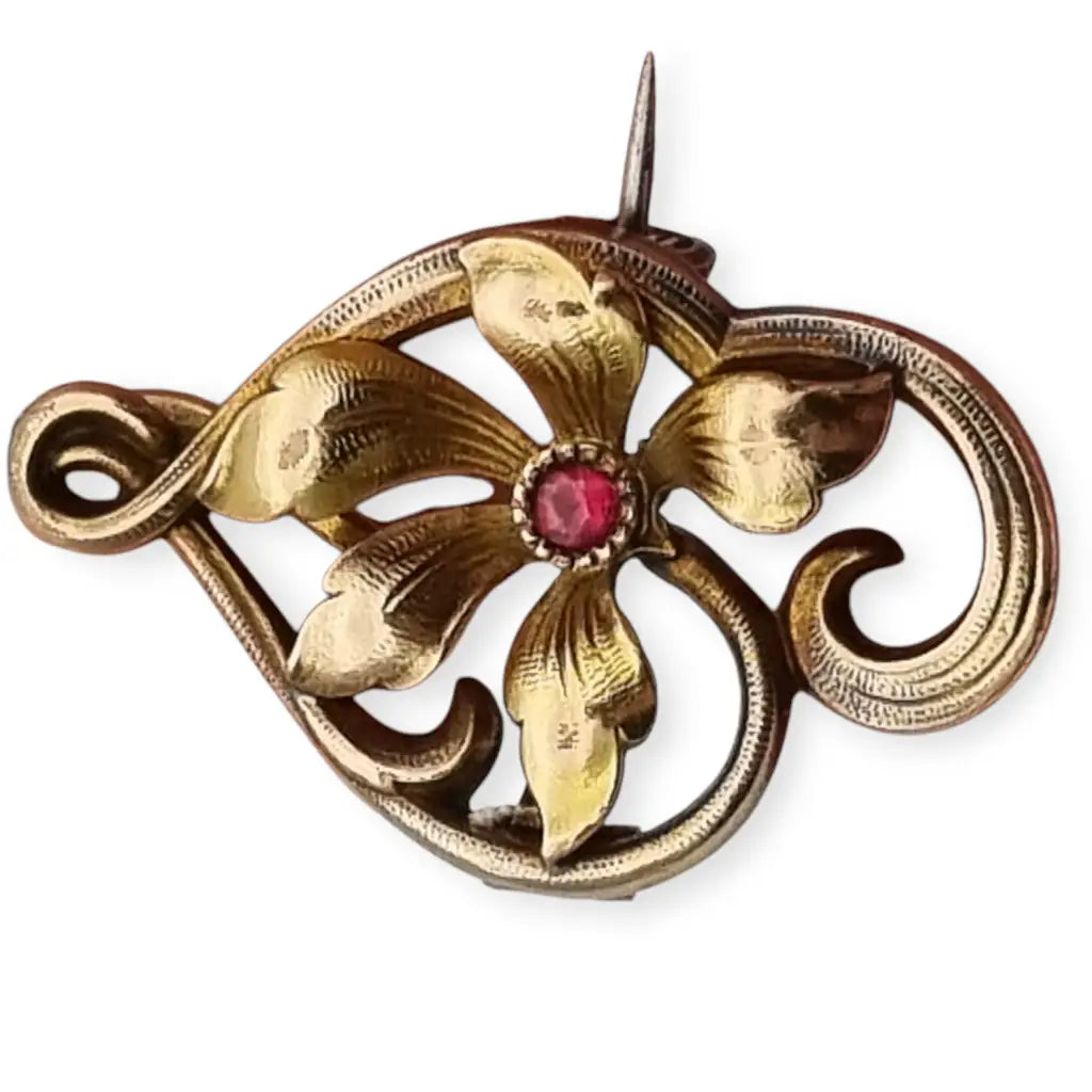 Broche FIX Art Nouveau con Flor en Forma de Corazón y Rubí Simulado Francia