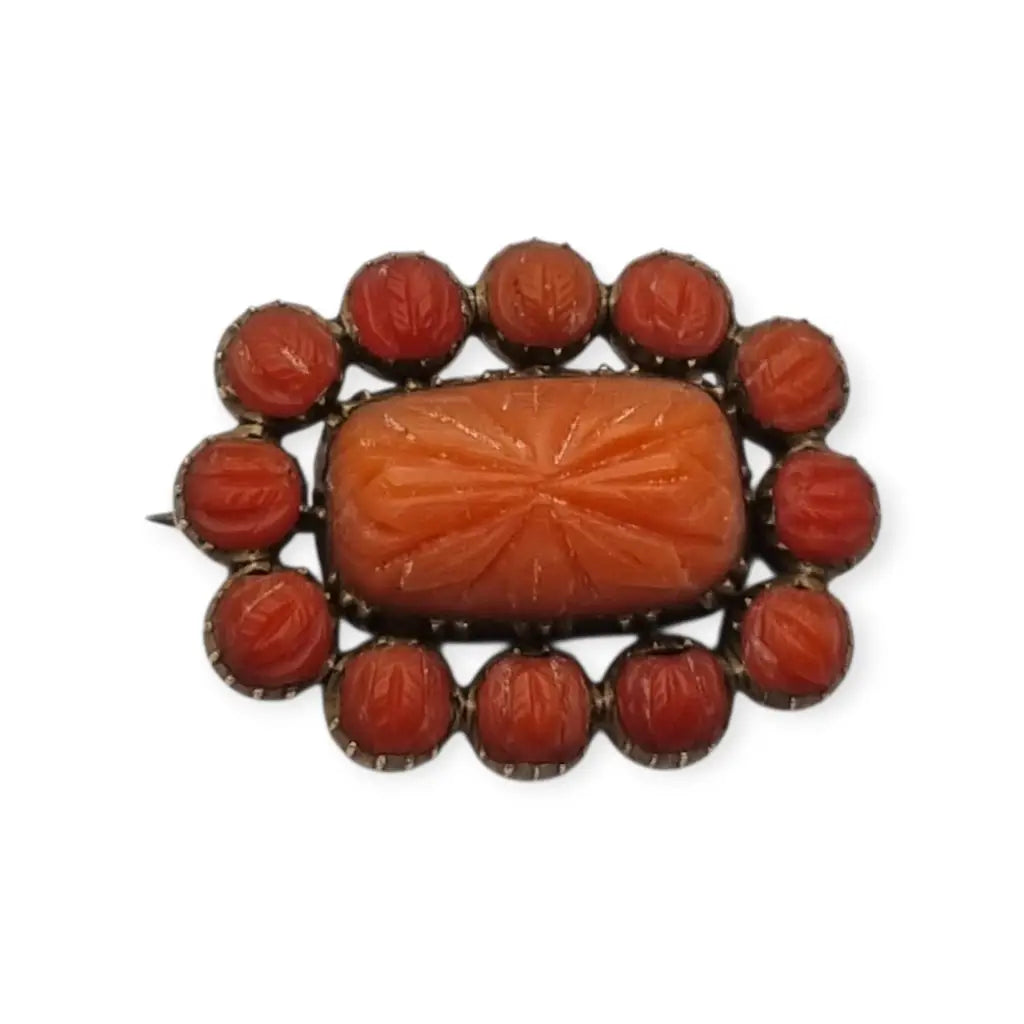 Broche georgiano de finales del siglo XIX con coral rojo tallado y pelo