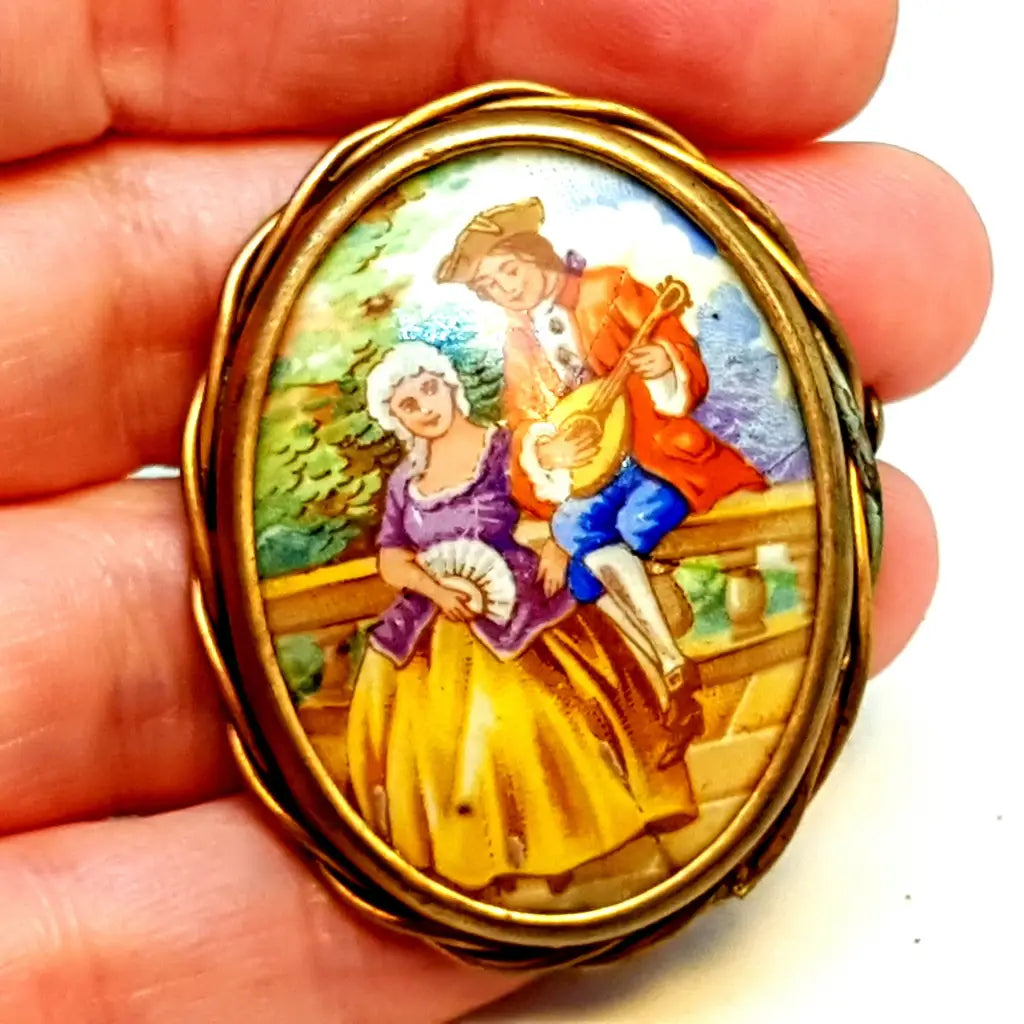 Broche Limoge vintage joyería francesa para mujer pintura de porcelana antigua