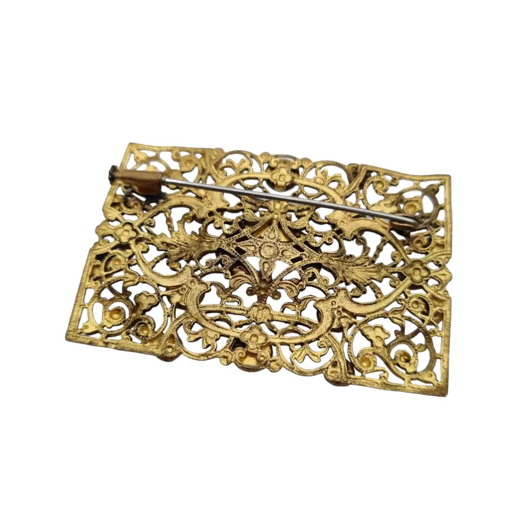 Broche rectangular modernista dorado y azul de los años 40 para mujer Bisutería