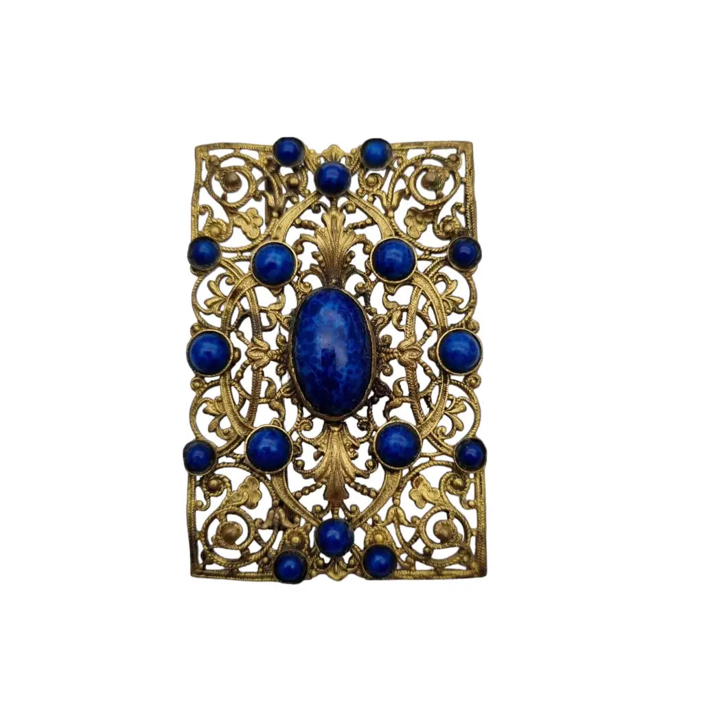 Broche rectangular modernista dorado y azul de los años 40 para mujer Bisutería
