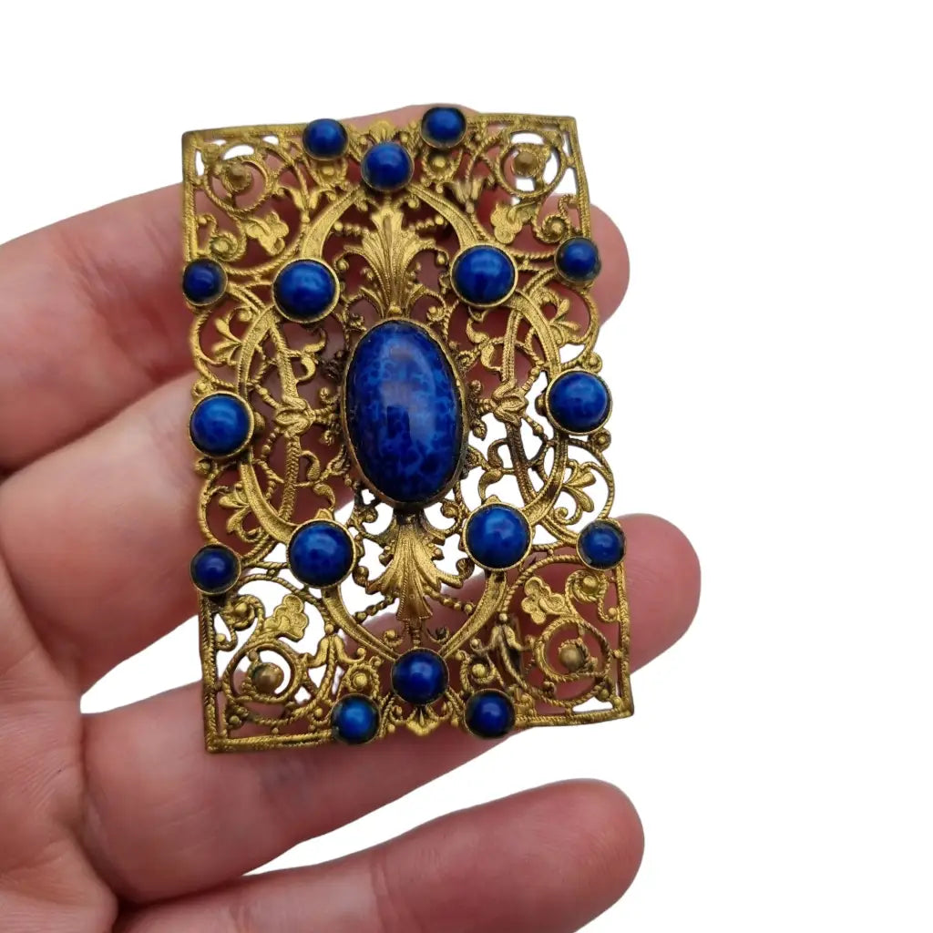 Broche rectangular modernista dorado y azul de los años 40 para mujer Bisutería