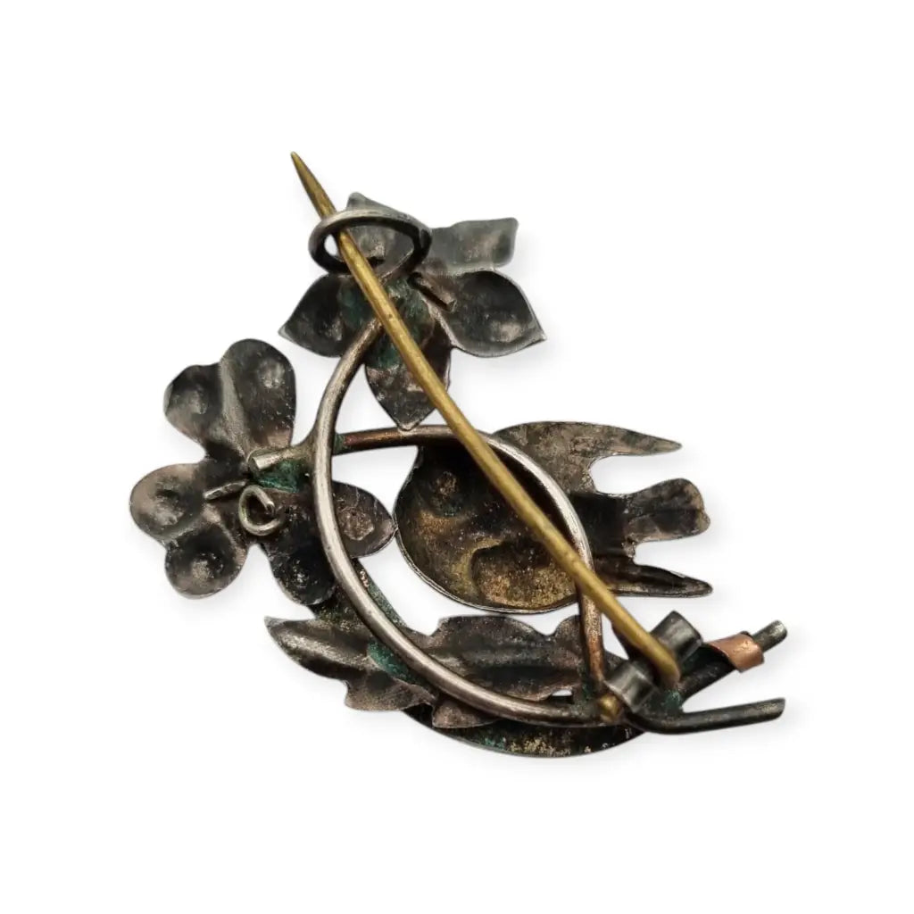 Broche Victoriano de Golondrina y Flores en Plata Oro ’Recuerdo San José’.
