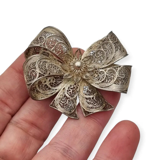 Broche vintage en forma de lazo filigrana portuguesa plata sterling circa