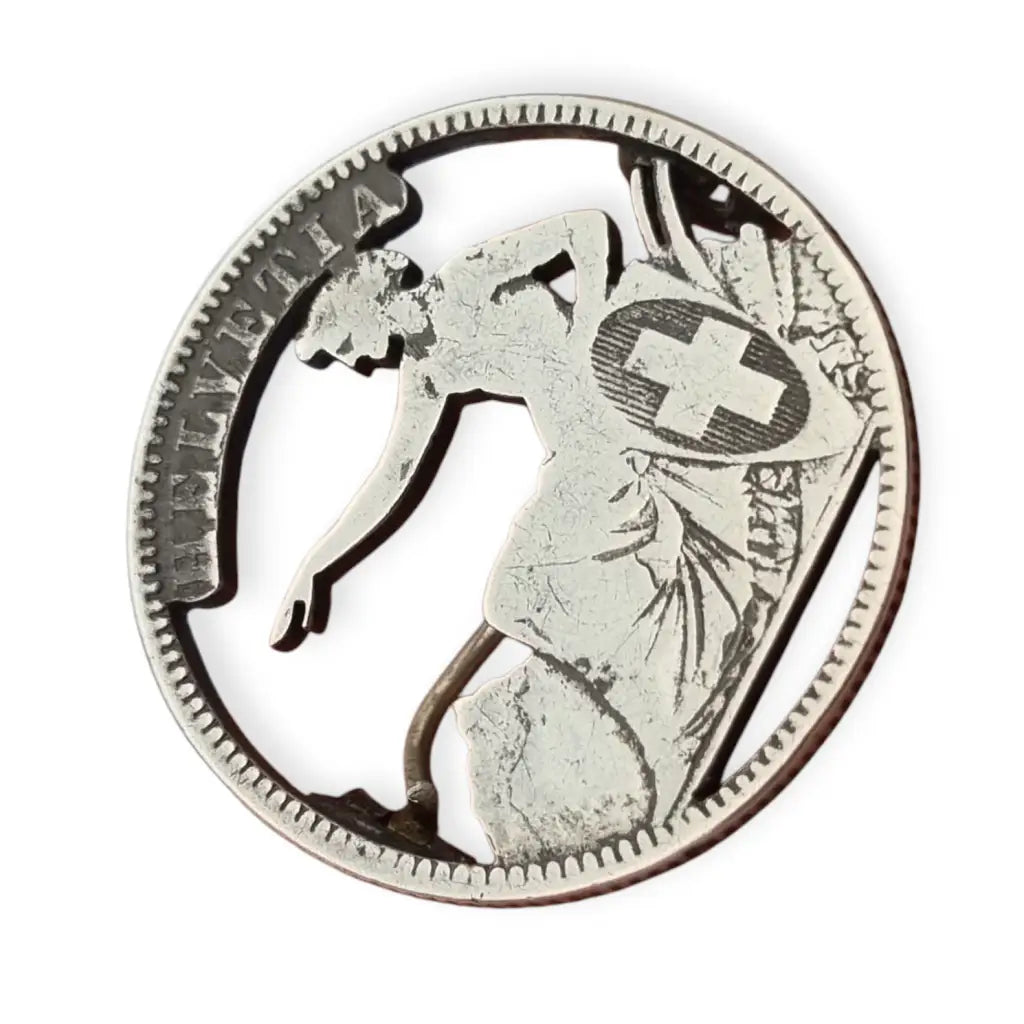 Broche vintage suizo de moneda calada a mano Helvetia plata para colección