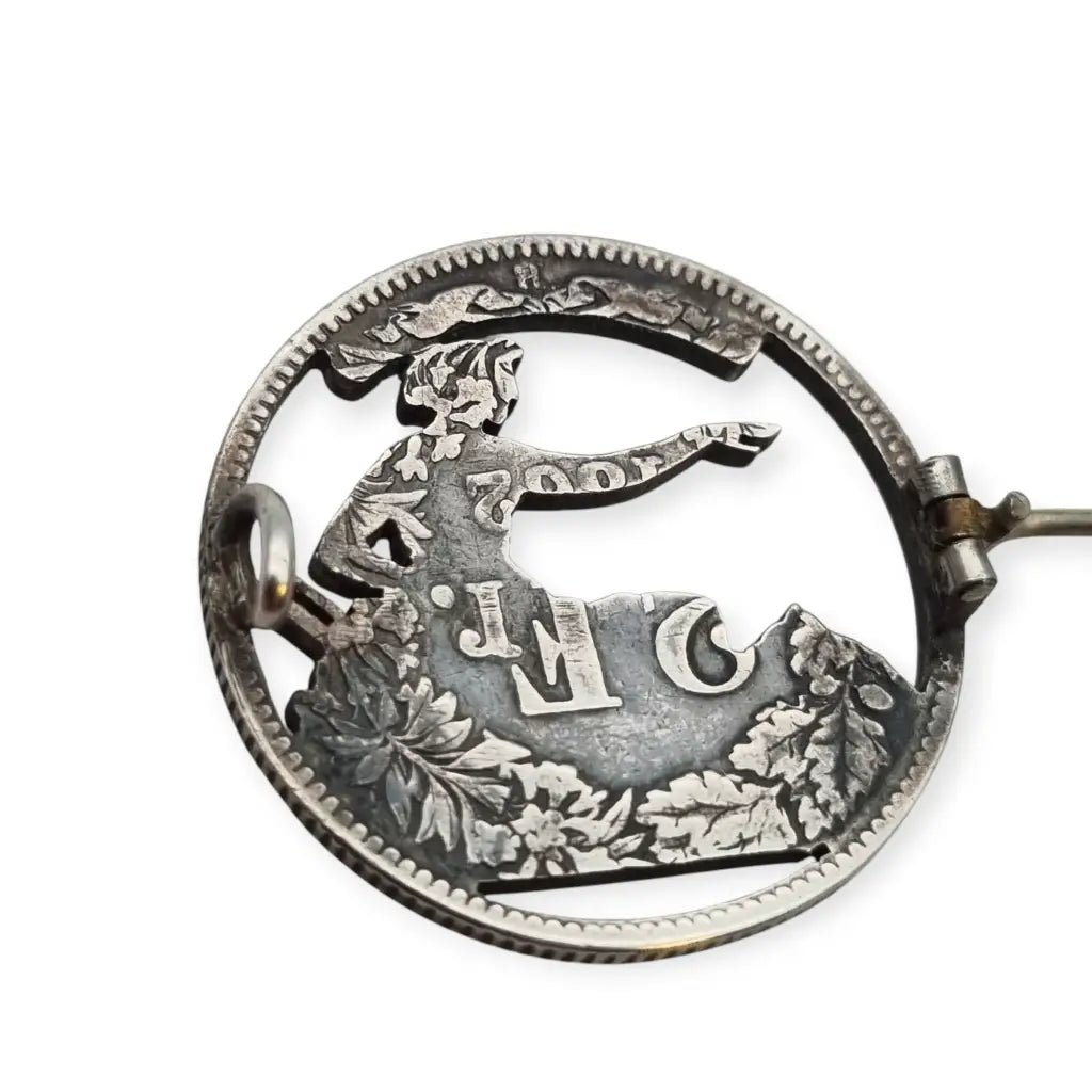 Broche vintage suizo de moneda calada a mano Helvetia plata para colección