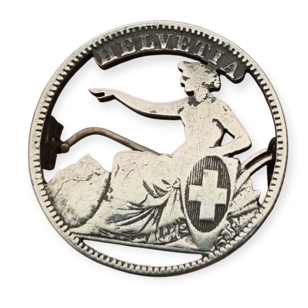 Broche vintage suizo de moneda calada a mano Helvetia plata para colección